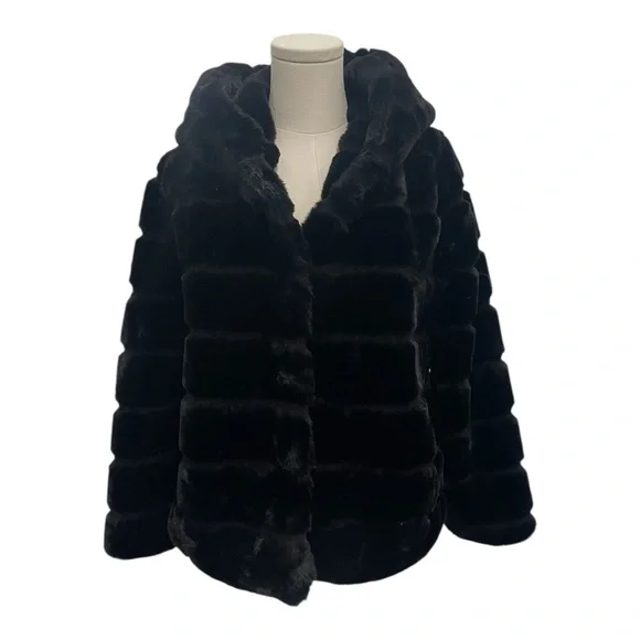 Women’s APPARIS Goldie Black Faux Fur Hooded Short Coat XS Chic Grunge Cozy - Picture 10 of 16